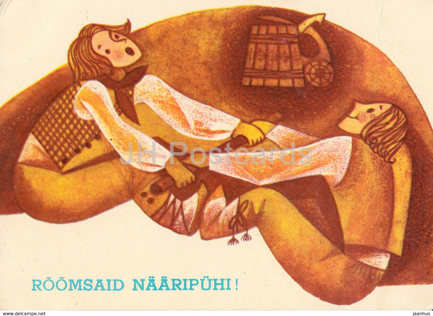New Year Greeting card by I. Sampu-Raudsepp - playing boys - beer mug - 2 - 1968 - Estonia USSR - used - JH Postcards