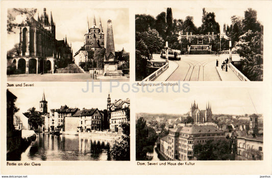 Erfurt - Dom und Severi - Aufgang zum Stadtpark - Partie an der Gera - old postcard - 1955 - Germany DDR - used - JH Postcards
