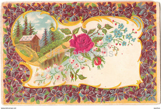 flowers - rose - embossed - illustration - old postcard - Czech Republic - used - JH Postcards