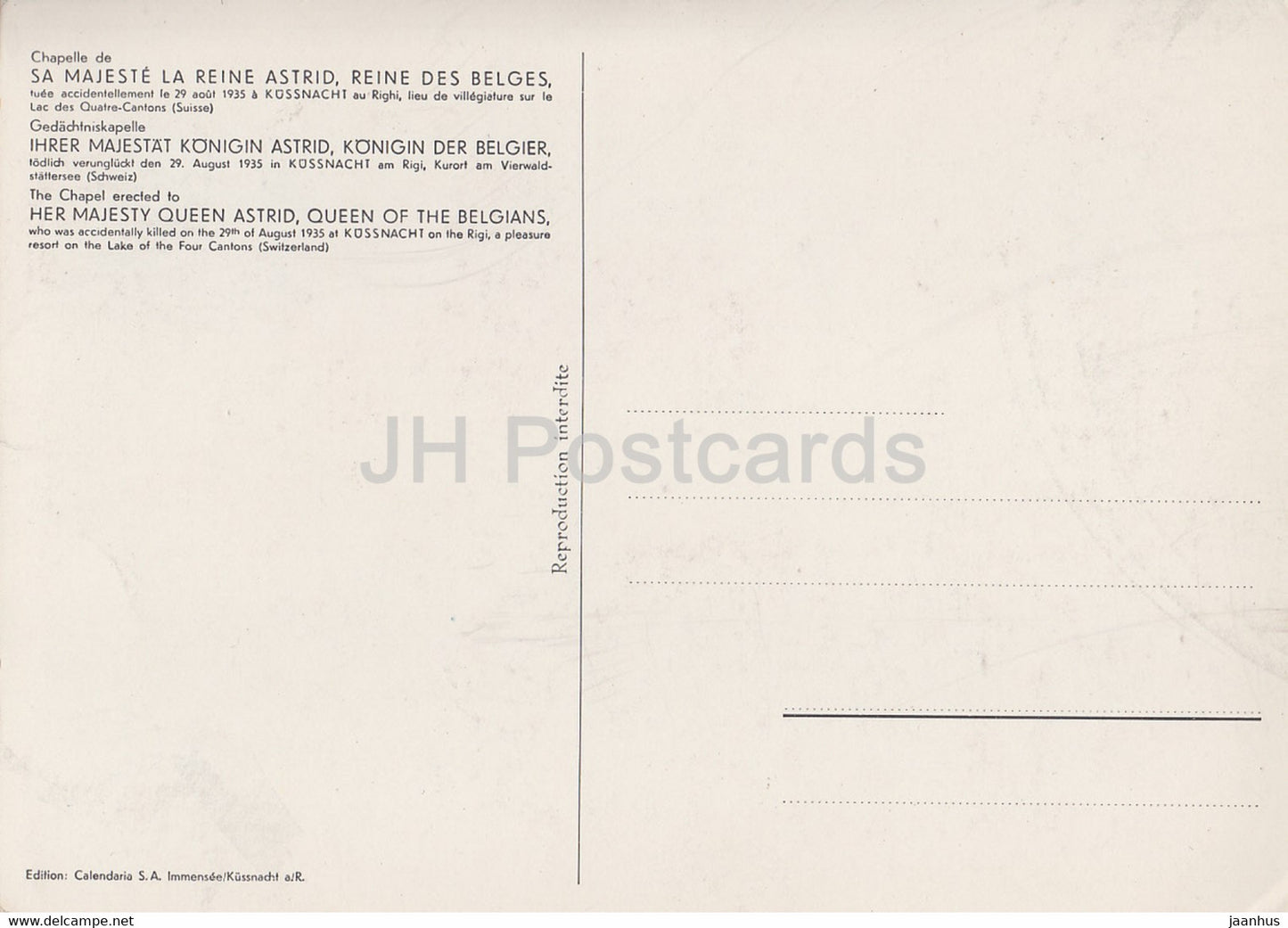 Chapelle de Sa Majeste la Reine Astrid - Reine des Belges - Schweiz - unbenutzt