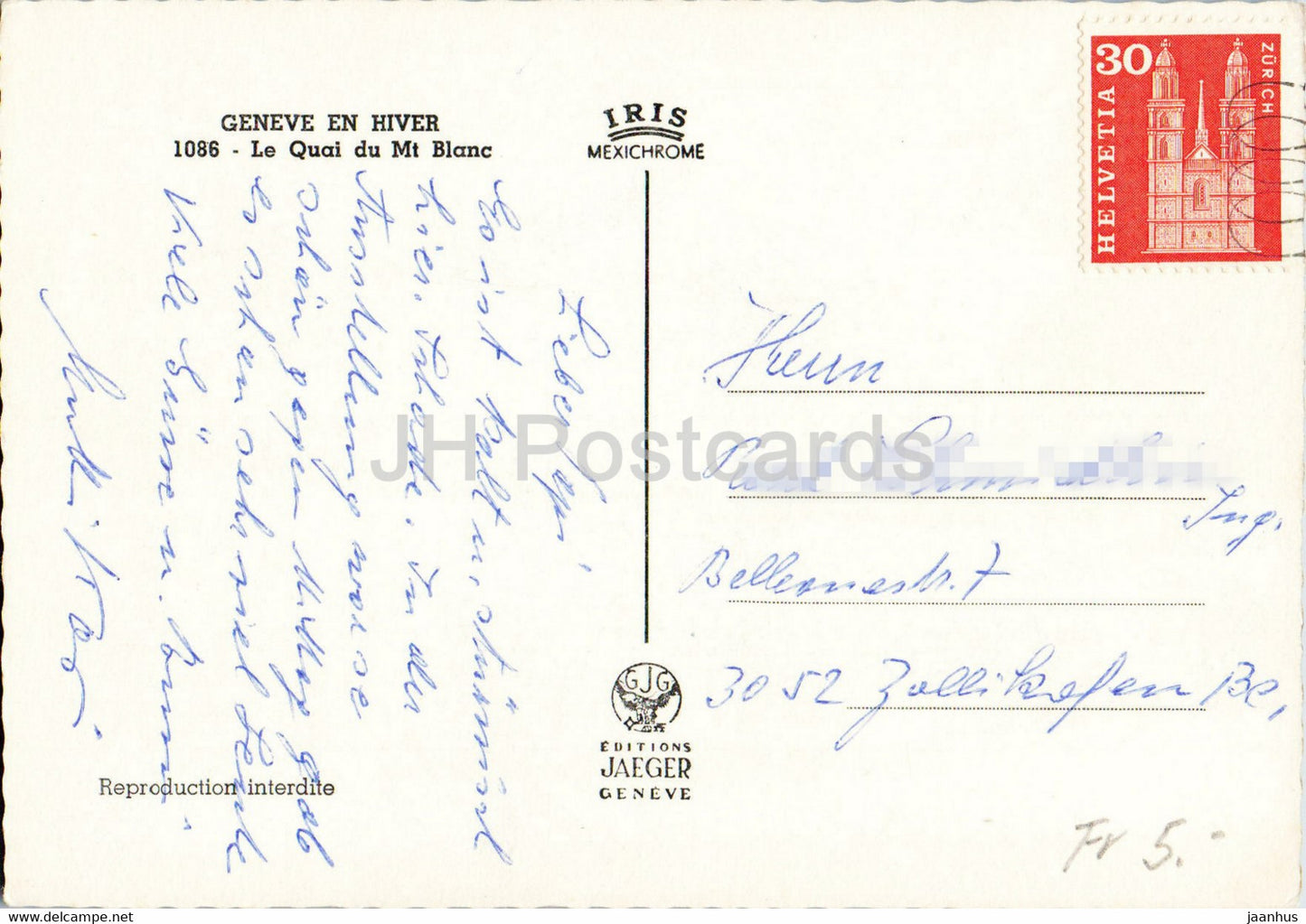 Geneve en Hiver - 1086 - Le Quai du Mt Blanc - ship - Switzerland - used