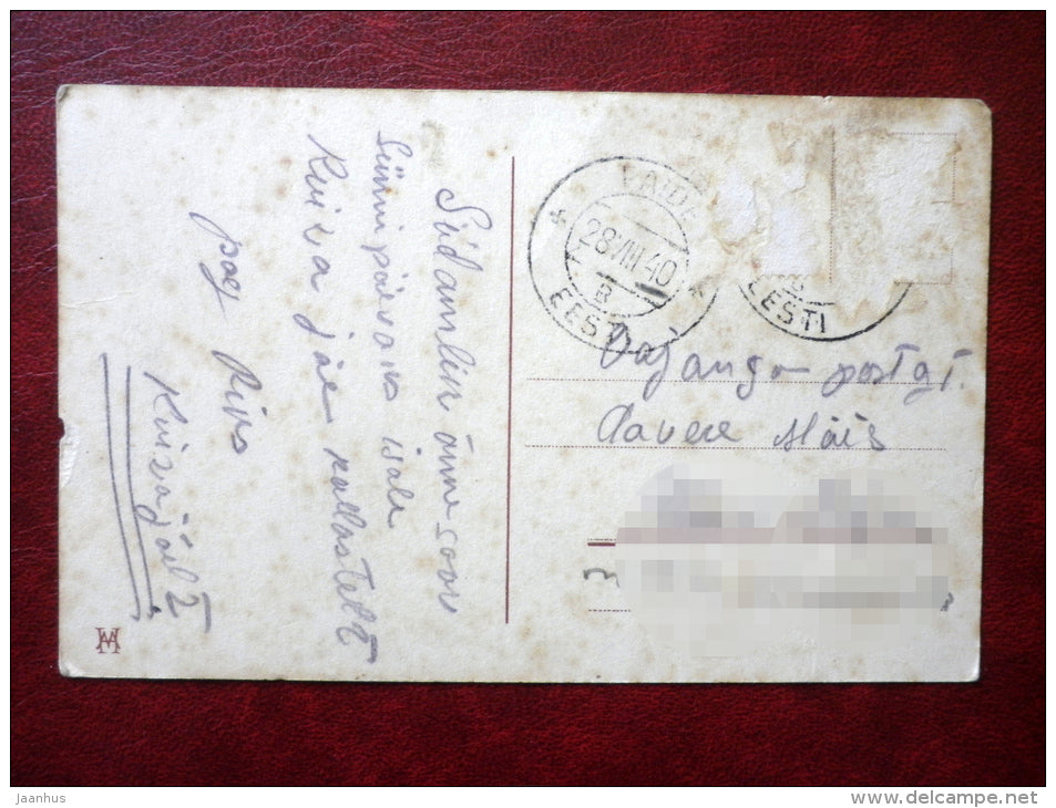 Birthday Greeting Card - party - cakes - tea can - flowers - MH - circulated in 1940 - Estonia - used - JH Postcards