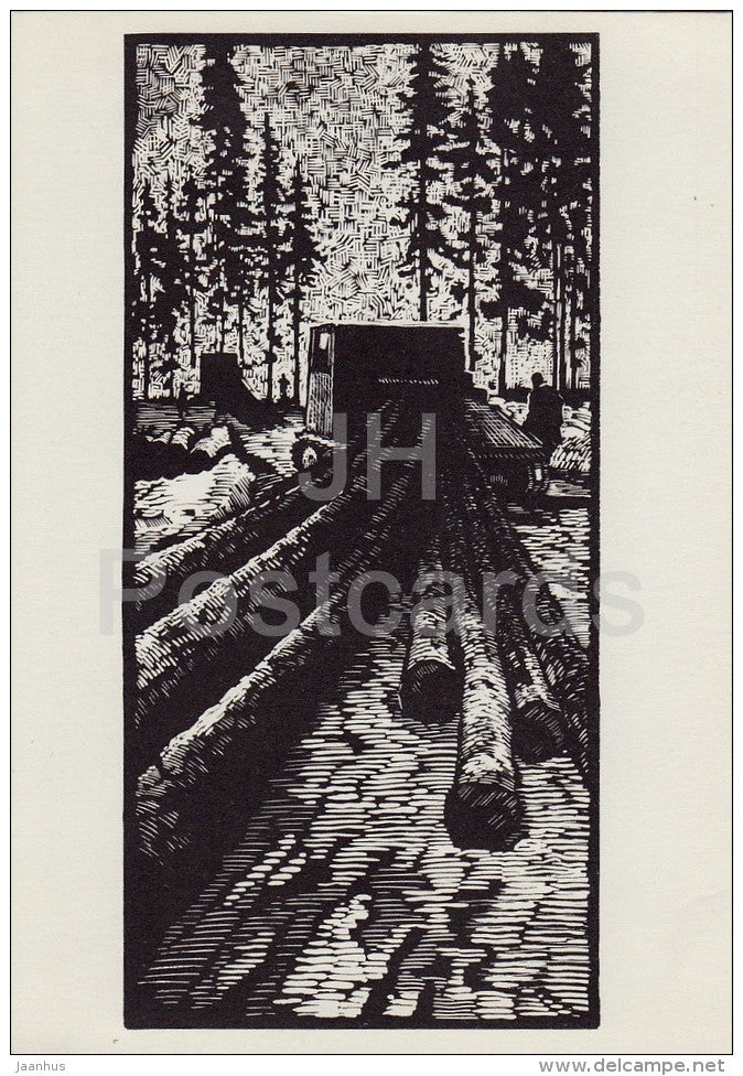 Work in Forest - illustration by A. Avdyshev - Karelia - Karjala - 1968 - Russia USSR - unused - JH Postcards