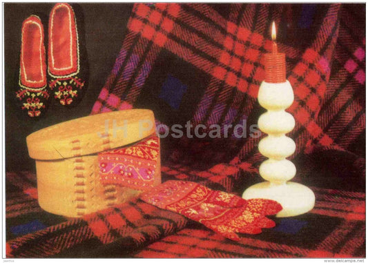 New Year greeting card - 2 - woven slippers - mittens - candle - national patterns - 1975 - Estonia USSR - used - JH Postcards