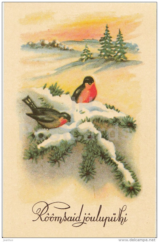 Christmas Greeting card - reproduction - bullfinch - birds - landscape - 1991 - Estonia USSR - unused - JH Postcards