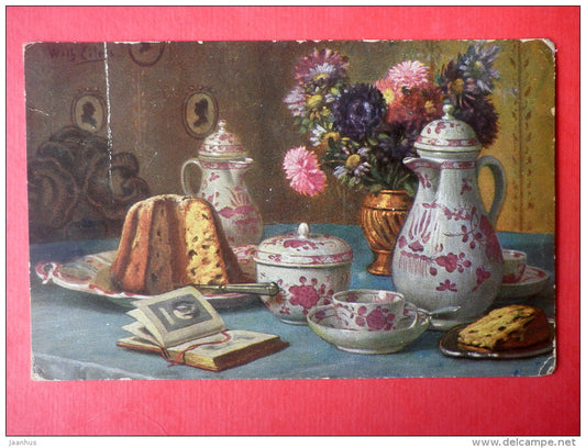 illustration by Wilh Eilers - still life - cake - tea set - book - T. S. N. - Serie 1764 - circulated in Estonia 1924 - JH Postcards