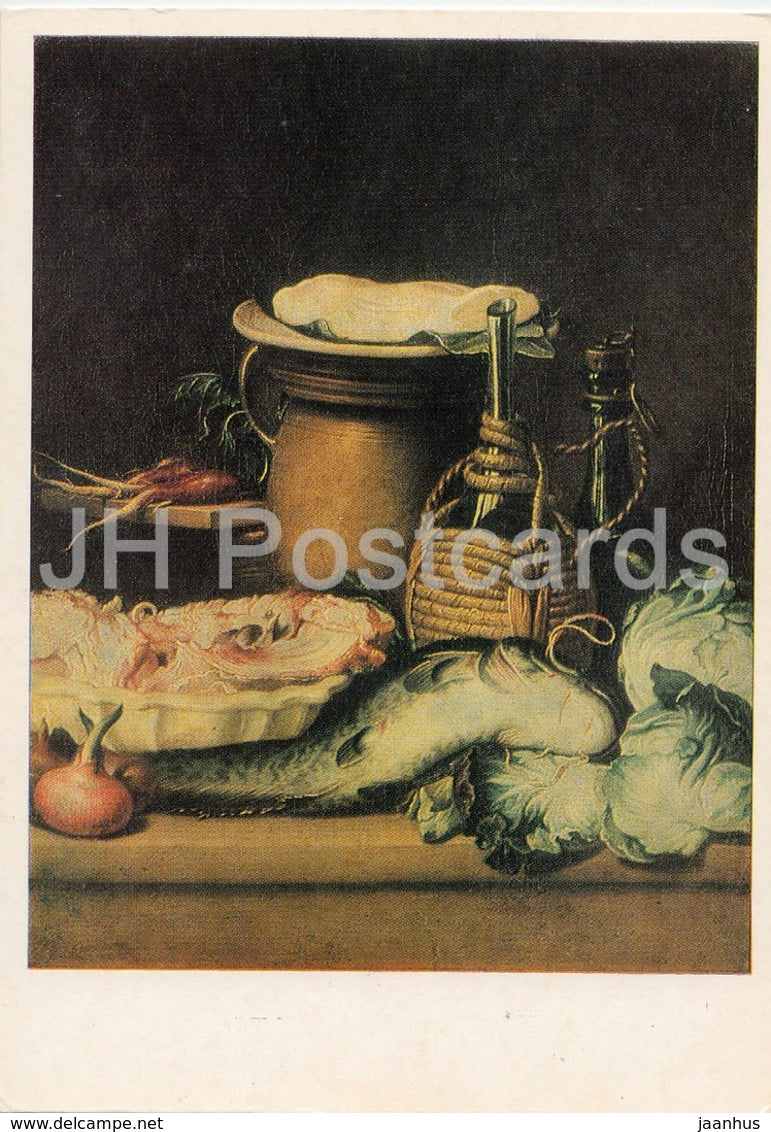 painting by Unknown Artist - Still Life - fish - onion - meat - cabbage - Dutch art - 1985 - Russia USSR - unused - JH Postcards
