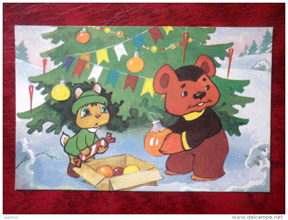 Come and Visit by L. L. Kayukov,  cartoon cards - hare - bear - christmas tree - 1988 - Russia - USSR - unused - JH Postcards