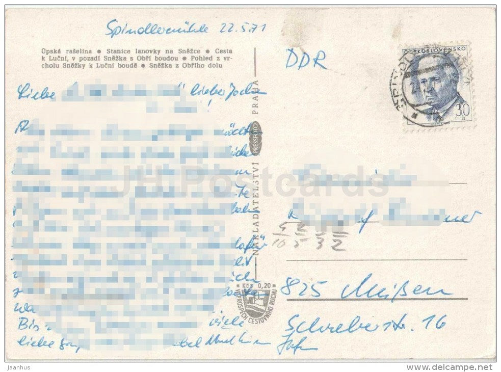 Krkonose - Snezka mountain - cable car - peat bog Upa - Czechoslovakia - Czech - used 1971 - JH Postcards