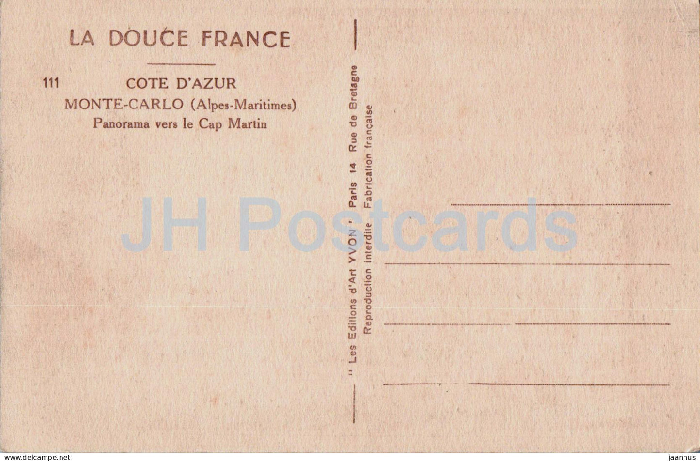 Monte Carlo - Panorama vers le Cap Martin - Côte d'Azur - La Douce France - 111 - carte postale ancienne - Monaco - inutilisée 
