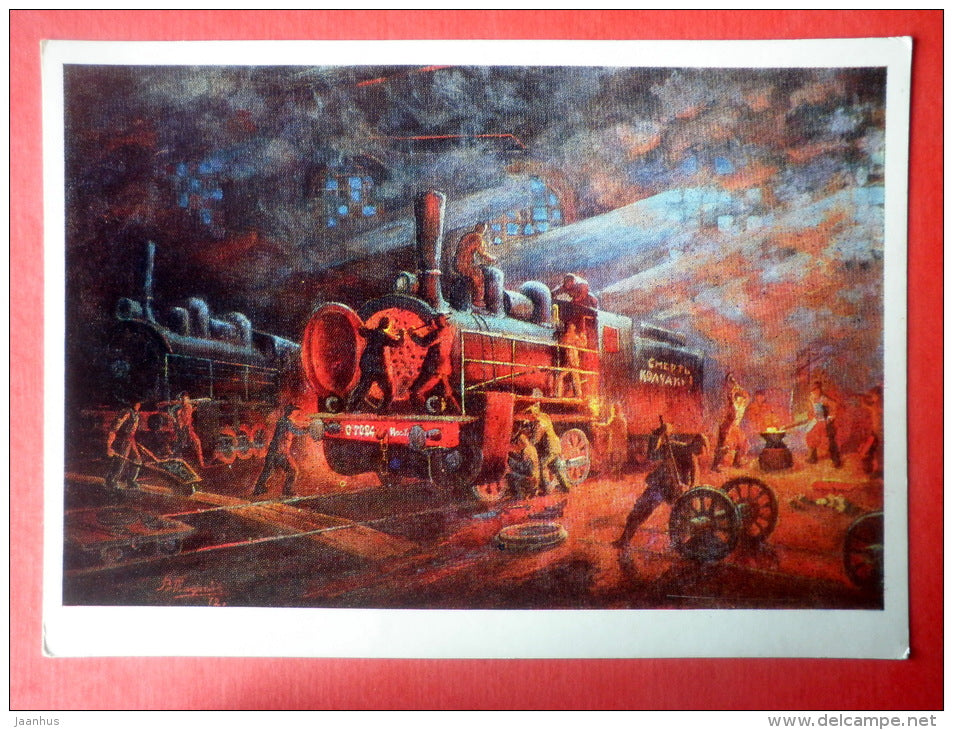painting by Evald Okas . Great Initiative . 1973 - locomotive - soviet art - unused - JH Postcards