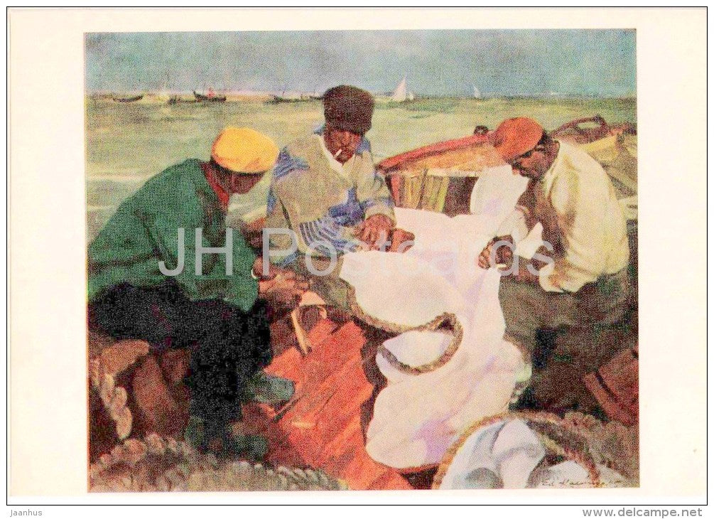 painting by E. Kalnins - New Sails , 1945 - fishermen - latvian art - unused - JH Postcards