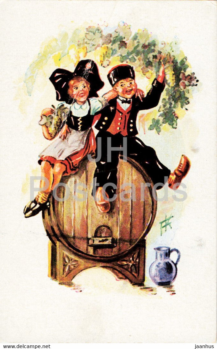 Boy and Girl - folk costumes - illustration - FK - 304 - ALWY - old postcard - France - used - JH Postcards