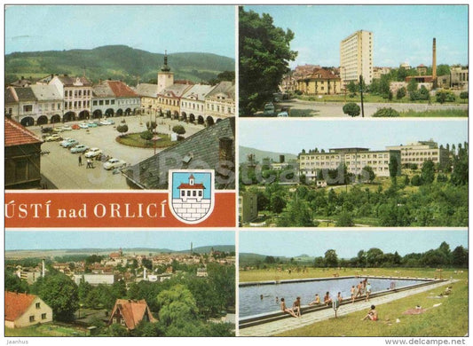 Usti nad Orlici - Peace Square - hospital - swimming pool - Czechoslovakia - Czech - used 1973 - JH Postcards