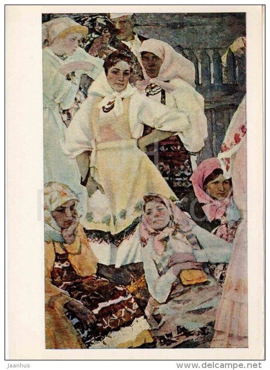 painting by L. Kabachek - Old Tune singers , 1961-1963 - women in folk costumes - russian art - unused - JH Postcards