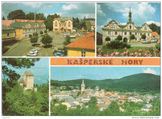 city centre - hotel Kasperk - town hall - castle - Kasperske Hory - Czechoslovakia - Czech - used 1986 - JH Postcards