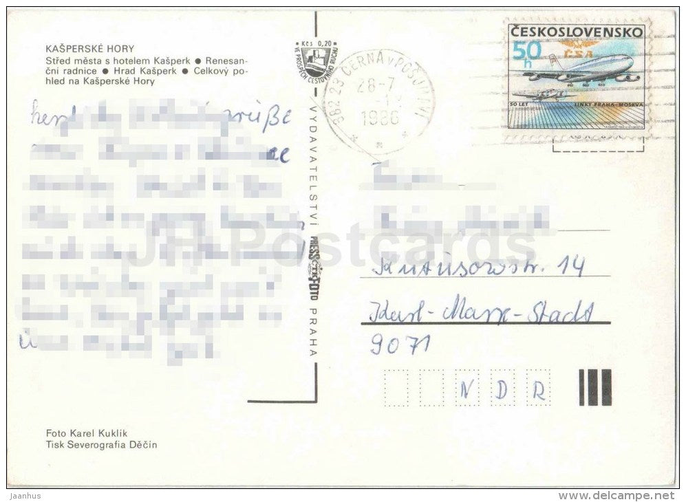 city centre - hotel Kasperk - town hall - castle - Kasperske Hory - Czechoslovakia - Czech - used 1986 - JH Postcards