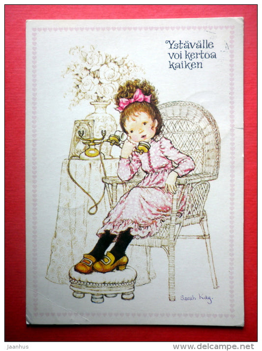 illustration by Sarah Kay - girl on telephone - 3807/6 - Finland - sent from Finland Turku to Estonia USSR 1980 - JH Postcards