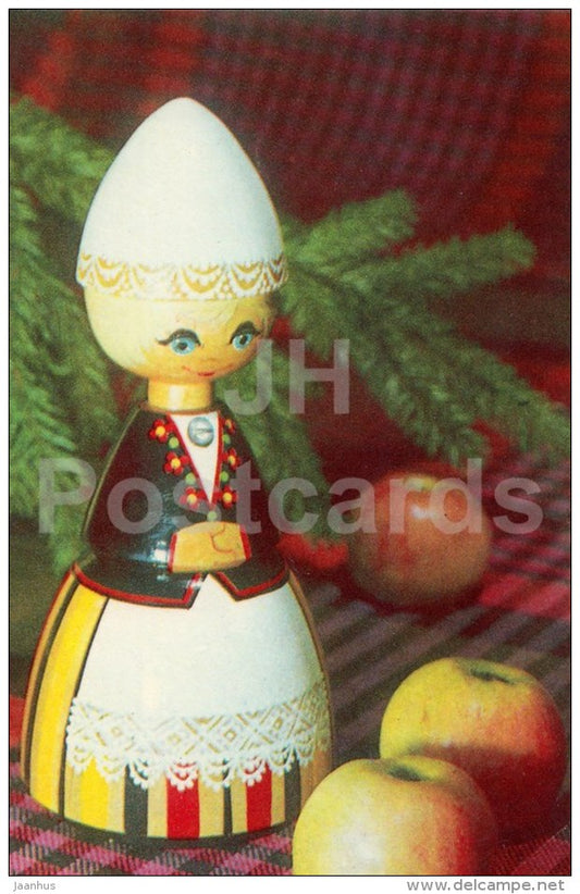 New Year Greeting card - 1 - wooden doll in estonian folk costumes - apple - 1972 - Estonia USSR - used - JH Postcards