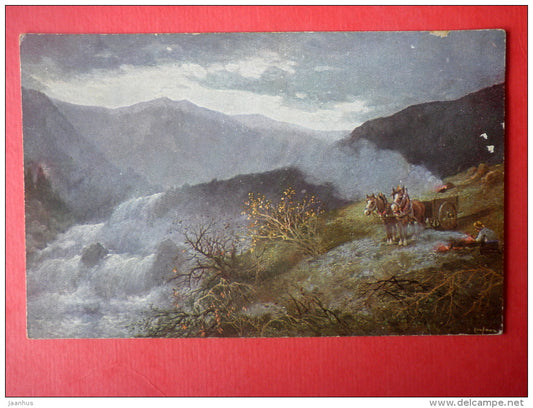 illustration by Paul Kaufmann - horse carriage - bonfire - waterfall T. S. N. - Serie 1769 - circulated in Estonia - JH Postcards