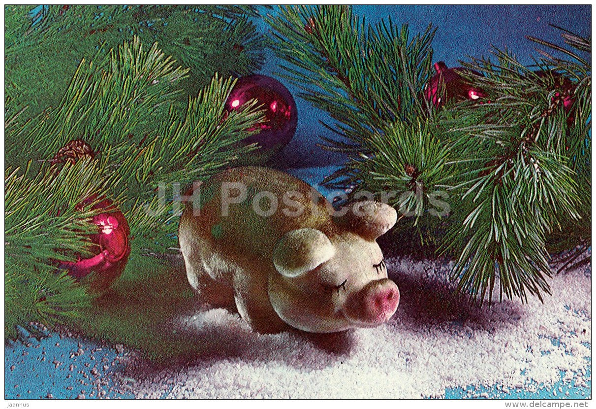 New Year Greeting card - 1 - pig - decorations - 1984 - Estonia USSR - used - JH Postcards