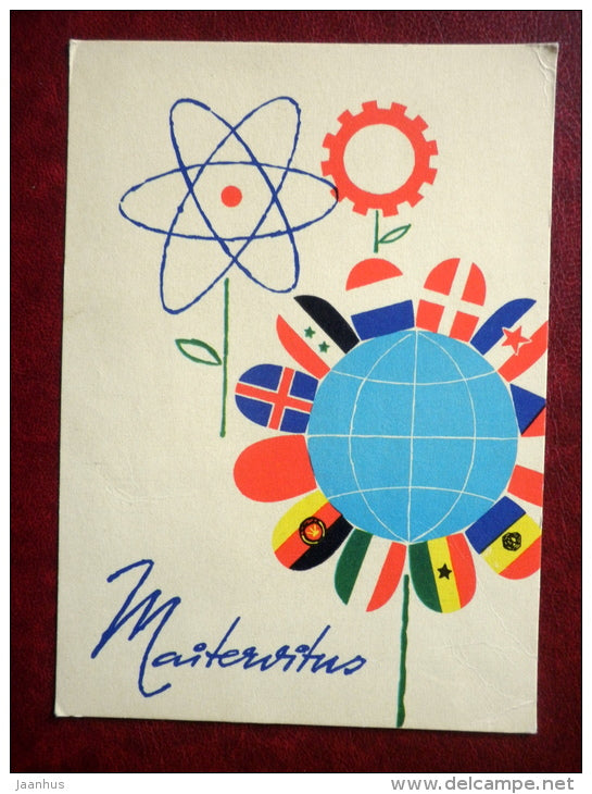 May 1st Greeting Card - by L. Härm - globe - europe flags - 1966 - Estonia USSR - used - JH Postcards