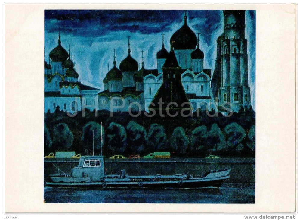 painting by A. Kadushkin - Kremlin embankment , 1979 - boat - russian art - unused - JH Postcards