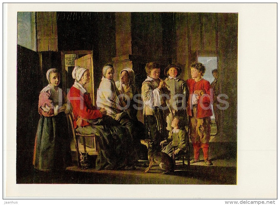 painting by Le Nain - Visiting Grandmother - children - dog - French art - 1983 - Russia USSR - unused - JH Postcards