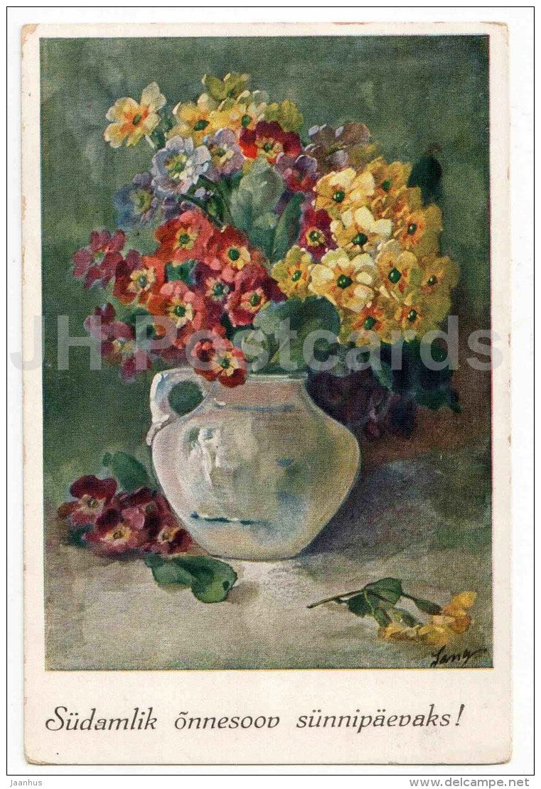 birthday greeting card - Flowers in the Vase - illustration - signed - 166 - circulated in Estonia - JH Postcards