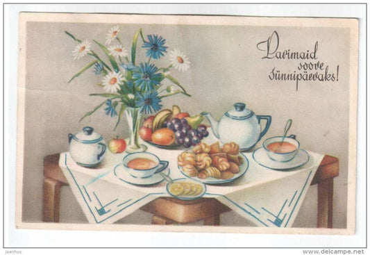 Birthday Greeting Card - cookies - flowers - apples - lemon - IL - old postcard - circulated in Estonia - used - JH Postcards