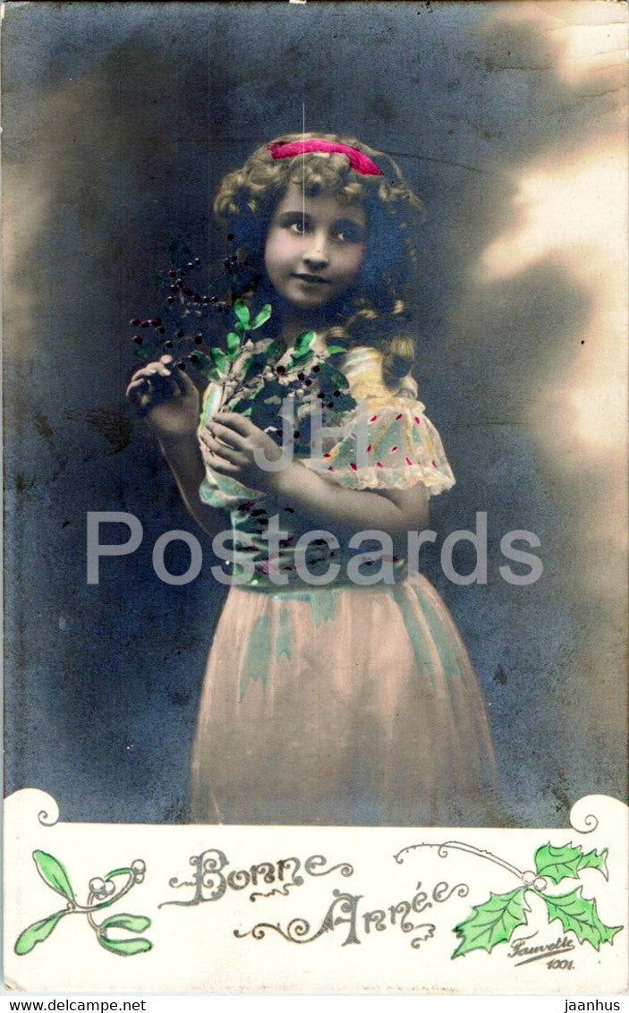New Year Greeting Card - Bonne Annee - girl - Fauvette 1001 - old postcard - 1911 - France - used - JH Postcards