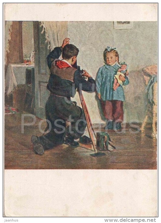 painting by M. Bozhyi - Do not Blink , Tanya - camera - take a photo - russian art  - unused - JH Postcards