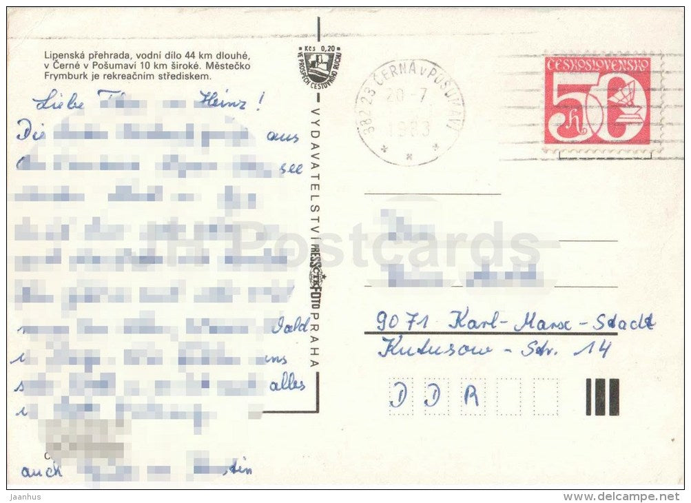 Lipno - dam - Frymburk - sailing boat - passenger boat - cows  - Czechoslovakia - Czech - used 1983 - JH Postcards