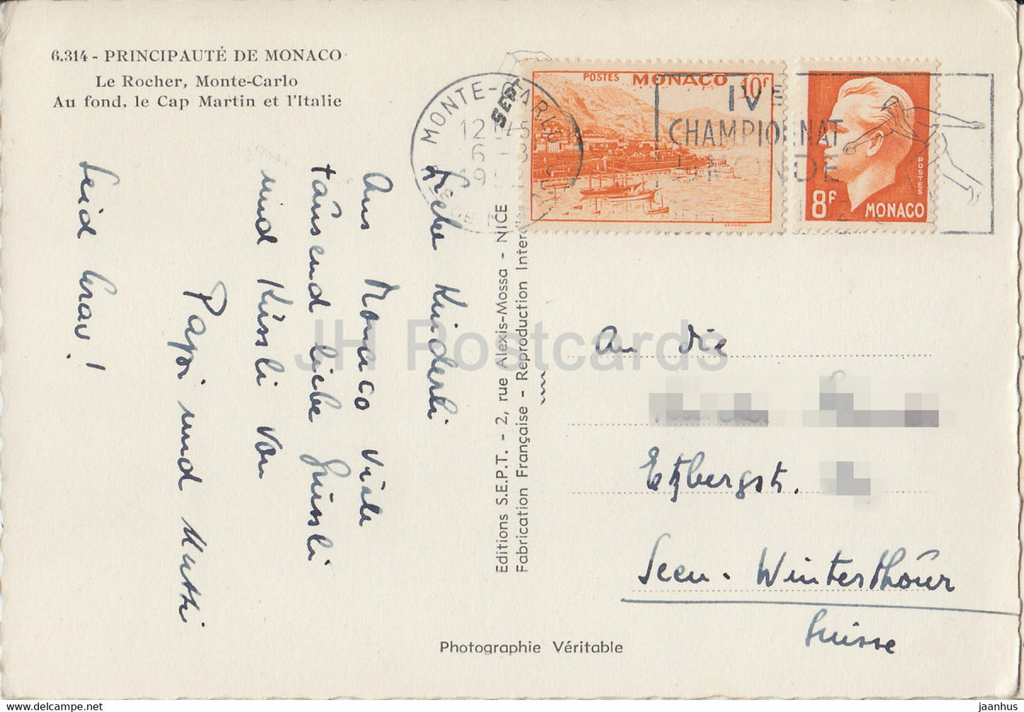 Le Rocher - Monte Carlo - Au Fond Le Cap Martin et l'Italie - carte postale ancienne - 1952 - Monaco - occasion