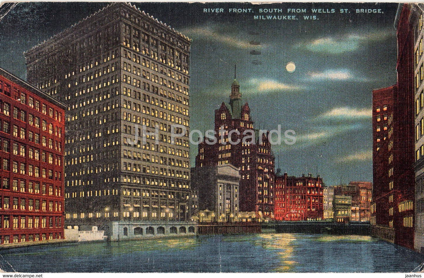 Milwaukee - River Front - South from Wells St Bridge - old postcard - 1953 - USA - used - JH Postcards