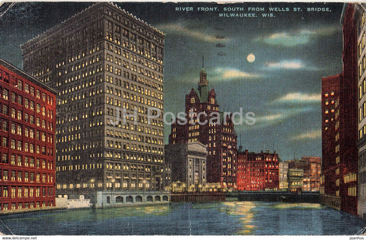 Milwaukee - River Front - South from Wells St Bridge - old postcard - 1953 - USA - used - JH Postcards