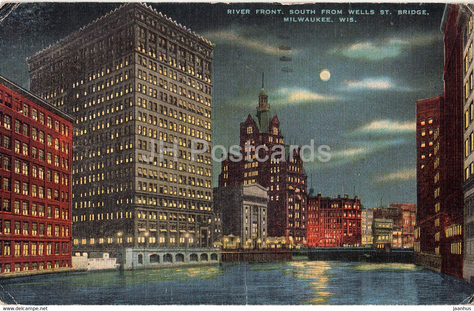 Milwaukee - River Front - South from Wells St Bridge - old postcard - 1953 - USA - used - JH Postcards