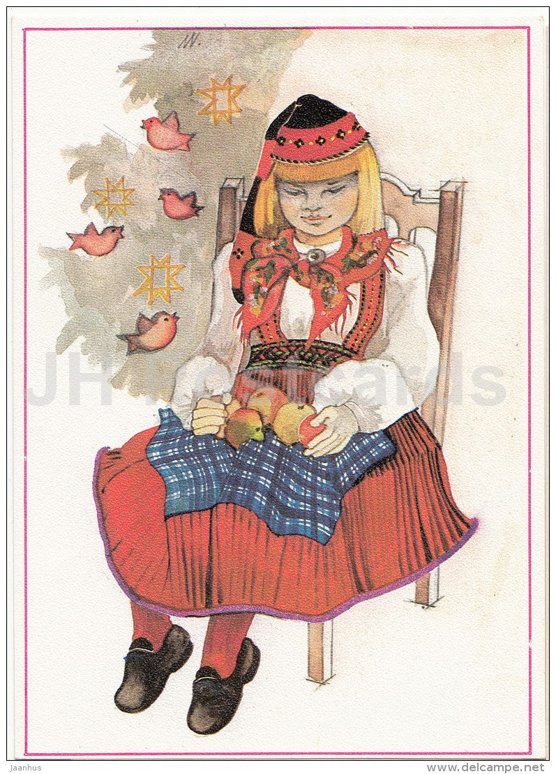 New Year Greeting card by Maarja Värv - girl in folk costumes - birds - apples - 1989 - Estonia USSR - used - JH Postcards