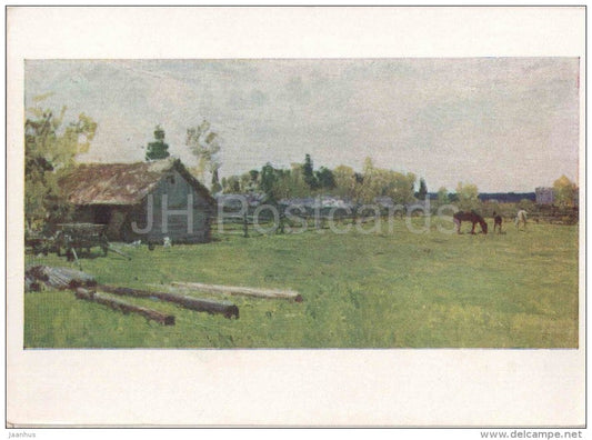 painting by A. Gritsay - May Month - horse - farm - village - russian art - unused - JH Postcards