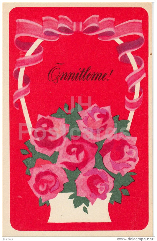 Birthday Greeting Card by K. Puustak - Roses in a Basket - 1973 - Estonia USSR - used - JH Postcards