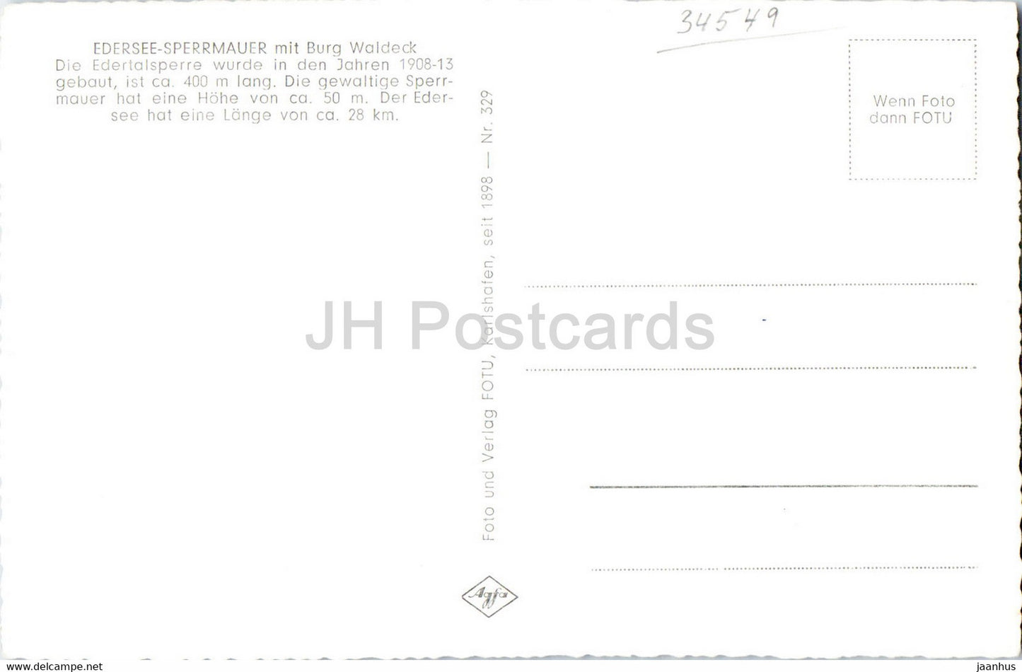 Edersee Sperrmauer mit Burg Waldeck - carte postale ancienne - Allemagne - inutilisée