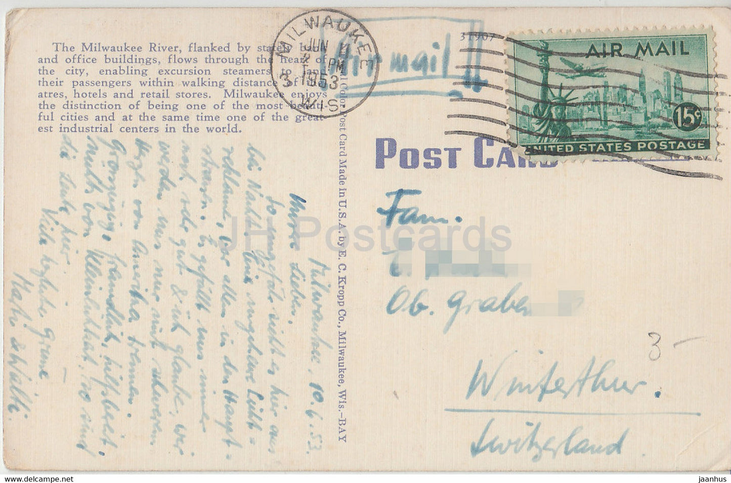 Milwaukee – Flussufer – südlich der Wells St Bridge – alte Postkarte – 1953 – USA – gebraucht