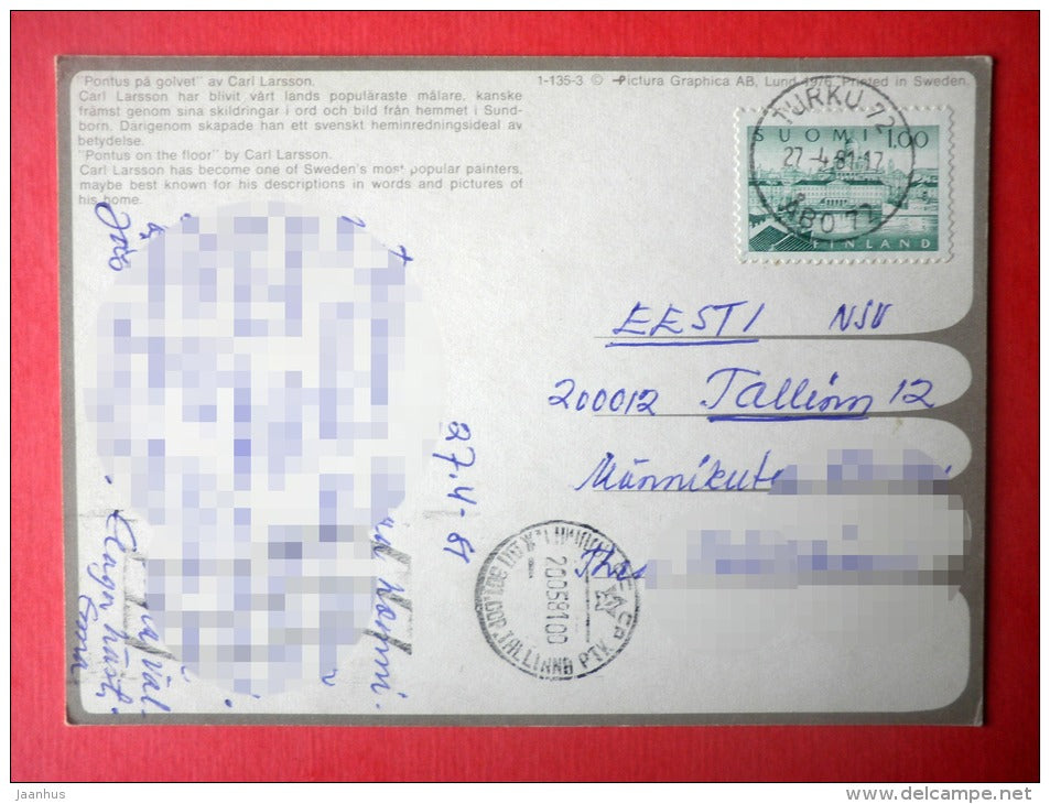 illustration by Carl Larsson - Pontus on the Floor - child - Sweden - sent from Finland Turku to Estonia USSR 1981 - JH Postcards