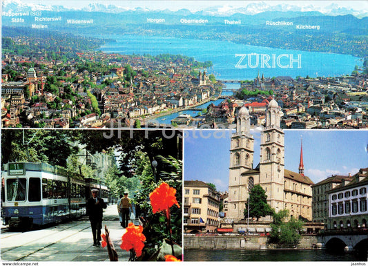 Zurich - tram - general view - cathedral - 1995 - Switzerland - used - JH Postcards
