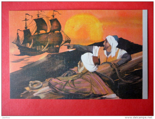 illustration by G. Novozhilov - ship - The Tale of the Ghost Ship - Fairy Tale by W. Hauff - 1973 - Russia USSR - unused - JH Postcards