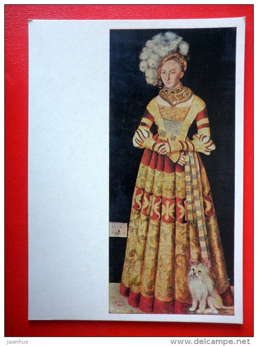 painting by Lucas Cranach the Elder . Portrait of Catherine of Mecklenburg - dog - german art - unused - JH Postcards