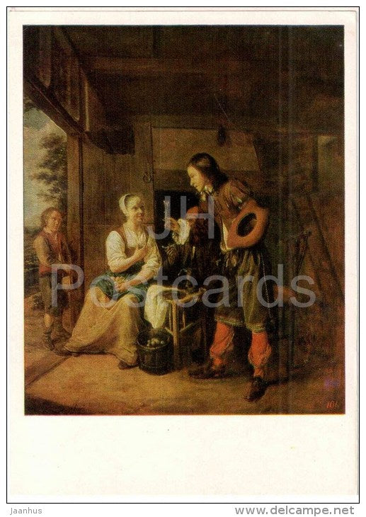 painting by Pieter de Hooch - Military and Maid , 1653 - dutch art - unused - JH Postcards