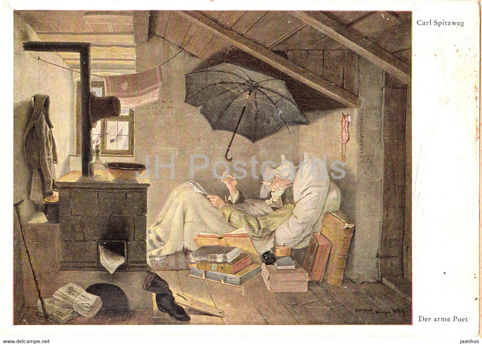 painting by Carl Spitzweg - Der arme Poet - umbrella - 8001 - old postcard - German art - Germany - unused - JH Postcards