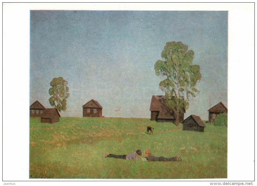 painting by V. Sidorov - On the Meadow , 1968 - boys - dog - soviet art - russian art - unused - JH Postcards