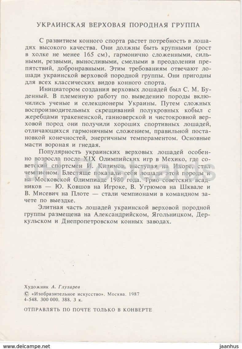 Ukrainian Riding Horse - illustration by A. Glukharev - horses - animals - 1988 - Russia USSR - unused - JH Postcards